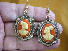 CAE1-17) Rare African American Lady Ivory + Orange Cameo Dangle Earrings Jewelry - £18.67 GBP