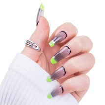 Press on Nails Coffin Medium Gray Clear Green French Tip Soft Gel Fake Nail 24ct - £10.08 GBP