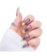Press on Nails Coffin Medium Gray Clear Green French Tip Soft Gel Fake N... - $17.64 CAD