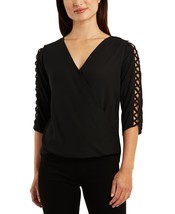 BCX Women&#39;s Juniors&#39; Surplice V-Neck Latticed 3/4-Sleeve Top Black B4HP - £14.85 GBP