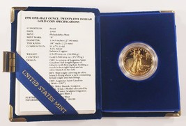 1990-P 1/2 Oz. Oro American Eagle Prueba Moneda Con / Original Caja ,Funda, Y - £1,329.48 GBP