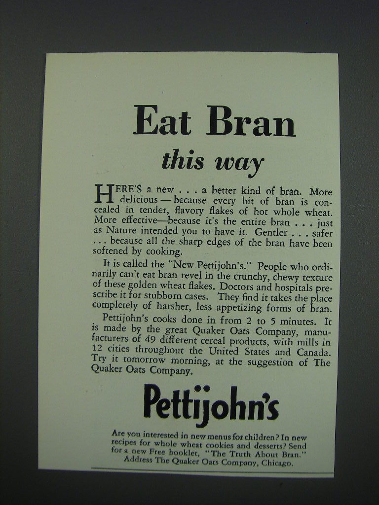 1930 Quaker Oats Pettijohn's Cereal Ad - Eat Bran this way - $18.49