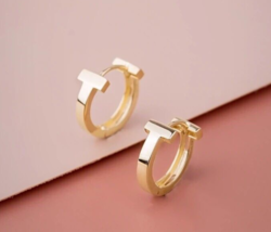 14ct Solid Gold Twin T-Bar Huggie Hoops Earrings, 14K Au585, classic, new gift - £165.27 GBP