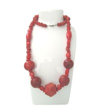 Vintage Boho Statement Necklace Red Graduated Wooden Beads 26&quot; - $29.92