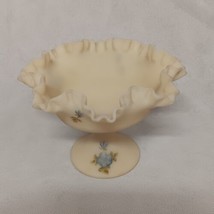 Fenton Satin Compote Bowl Blue Floral Hand Painted Ruffled Crimped Edge - £29.07 GBP