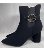 Elegant Black Ankle Boots 9.5M with Gold Logo Pointed Toe Suede Spool He... - $487.30 MXN