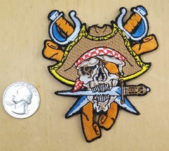 Pirate Skull Brown Hat With Dagger In Teeth IRON-ON / SEW-ON Patch 3&quot;X 3 1/2&quot; - £3.76 GBP