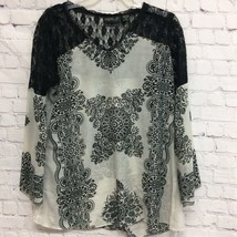 Lola P Womens Blouse Black White Floral Long Sleeve V Neck Crochet Pullo... - $9.89