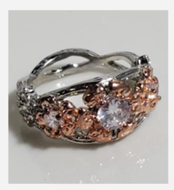 SILVER ROSE GOLD FLOWER GEMSTONE COSTUME RING SIZE 5 6 7 8 9 10 11 - £31.89 GBP