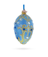 Jewels and Golden Scrolls on Glitter Blue Egg Christmas Ornament 4 Inches - £41.62 GBP