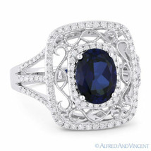 2.13ct Oval Cut Lab-Made Sapphire &amp; Diamond Antique-Style Ring in 14k White Gold - £782.16 GBP