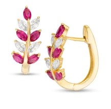 1.80CT Ruby &amp; Simulated Diamond Leaf Shape Hoop Earrings 14K Yellow Gold Plated - £68.74 GBP