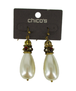 Chico&#39;s Large Faux Teardrop Pearl Drop Hook Earrings Gold Tone Ruby Red ... - $17.57 CAD
