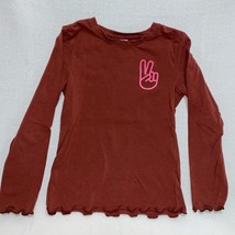 Neon Pink Peace Hand Shirt Girls 6-7 Long Sleeve Graphic Tee Top Rust Brown - £9.47 GBP