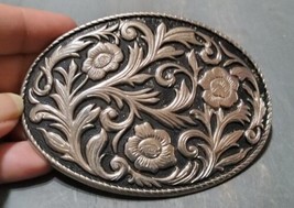 Western Style Flowers Leaves Silver Black Tone Belt Buckle Oval 4x2.75 - £14.75 GBP