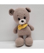 Homemade Crochet Knit Brown Teddy Bear Plush Yellow Bow Tie 9&quot; Stuffed A... - $33.48 CAD