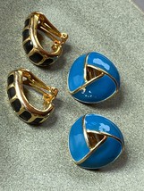 Vintage Lot Black J Hooks &amp; Blue Enamel Domed Open Triangle Goldtone Clip Earrin - £10.34 GBP