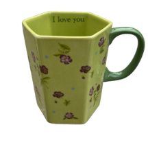 Anthropologie - I Love You - Mug Green Floral Purple Pansies Hexagon Shabby Chic - $16.82