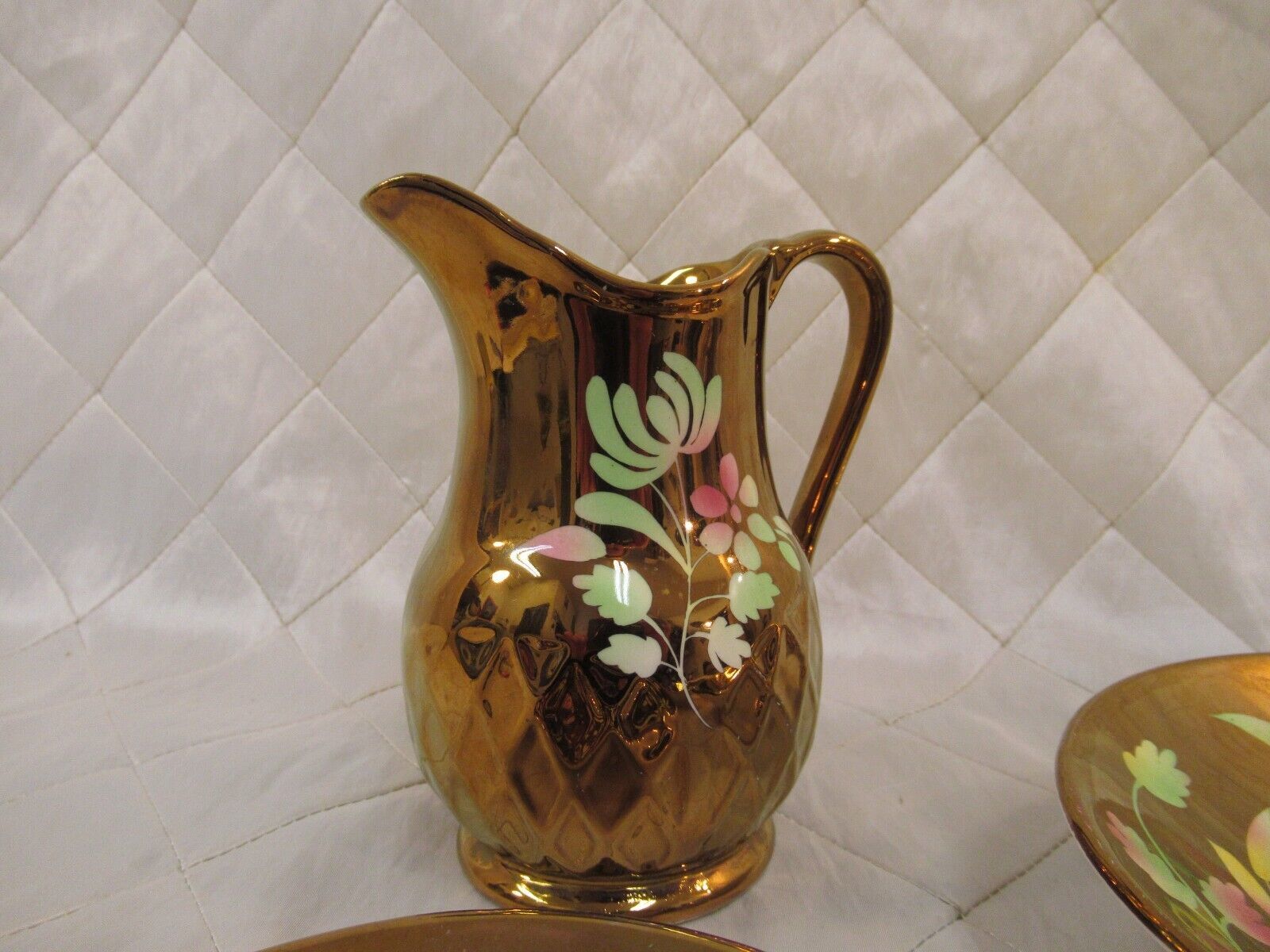 Primary image for Wade England Lustreware Copper Color Flower Pattern Jug Creamer Dishes Vintage
