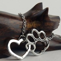 Necklace Heart & Paw Charm Silver Color Cute Pet Lover Pendant image 2