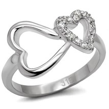 Women&#39;s Stainless Steel Double Hollow Heart CZ Wedding Engagement Ring Sz 5-10 - £51.70 GBP