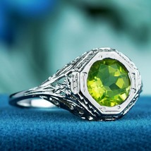 Natural Peridot Vintage Style Filigree Ring in Solid 9K White Gold - £443.39 GBP