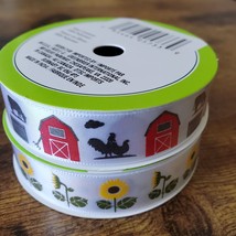 Farmhouse Ribbon, 2 Rolls, Sunflowers Red Barn Rooster Cow, Floral Garden