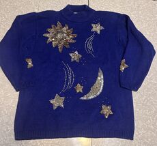 Vintage Shooting Star Sweater Whimsical Whimsigoth Blue Chunky 90s Moon ... - $29.99