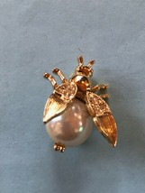 Estate Goldtone w Clear Rhinestone Accents &amp; Faux Mabe Pearl Body Flying INSECT  - £13.12 GBP