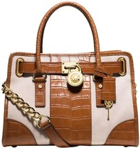 Michael Kors Hamilton Walnut Brown Croc Leather Center Stripe Satchel Bagnwt - £172.83 GBP