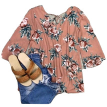 A La Tzarina Floral V Neck Blouse 3/4 Sleeve Pink Medium NWT - £21.62 GBP