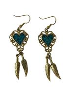 Turquoise Heart Dangle Earrings Gold Tone Feather Drops Boho Western Sty... - $13.50