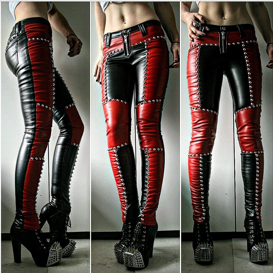 Slim Fit Black And Red Genuine Leather   Studded Zipper Genuine Leather Pants