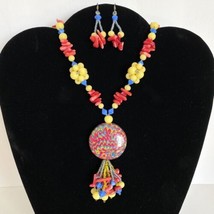 DietzJewels Mokume Gane Polymer Pendant Coral Vintage Glass Necklace Earring Set - £140.28 GBP