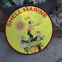 Vintage 1939 Shell Marine Gasoline 'Popeye & Olive Oyl' Porcelain Gas-Oil Sign - $125.00