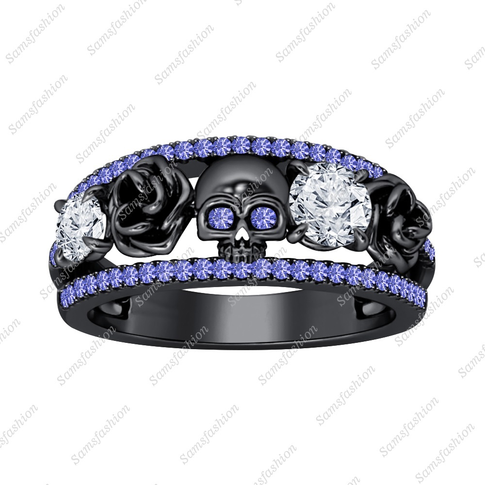 Rose Design Round Blue Tanzanite & CZ Diamond Engagement Skull Ring 14k Black FN - $169.99