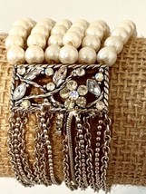 Vintage Multi Strand Faux Pearl And Rhinestone W Chains Bracelet Stretch Fit - £23.54 GBP