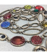Signed Chico&#39;s Long Silver Tone Multi Color Crystal Disc Necklace 36&quot; - £15.14 GBP
