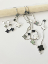 Mixed Mother of Pearl and Onyx Quatrefoil Motif Parure in Silver - $310.00