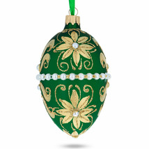 Beaded Center &amp; Golden Flowers On Green Glass Egg Ornament 4 Inches - £41.69 GBP
