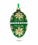 Beaded Center &amp; Golden Flowers On Green Glass Egg Ornament 4 Inches - £41.62 GBP