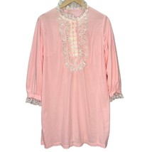 Vintage 50s 60s Trillium Pink Fleece Short Nightgown Lace Size L Long Sl... - $39.55
