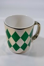 Christmas Coffee Mug 10oz Green Gld Diamond Shape Ceramic Holiday Soup C... - $9.70