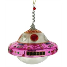 FLYING SAUCER GLASS ORNAMENT 4.5&quot; Pink UFO Sci Fi Spaceship Christmas Tree - £19.88 GBP