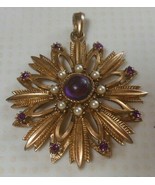 Vintage Signed HMS Large Purple Cabochon, Rhinestones &amp; Faux Pearl Pendant - $115.97 CAD