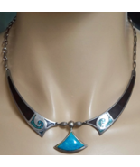 Zuni Silver &amp; Turquoise Necklace Choker with Inlays Marked with Cat Pict... - £160.25 GBP