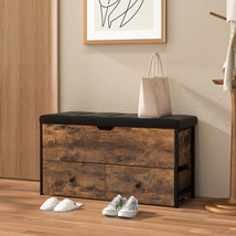 Storage Bench Ottoman Padded Seat Cushion Faux Leather 2 Drawers Entryway Rustic - £121.35 GBP