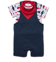Wonder Nation Baby Boys T-shirt Overalls &amp; Bandana Bib 3-Piece Outfit Set Shark - £12.56 GBP