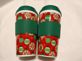 2 pc Red Green Christmas ornament Coffee Cocoa Cups Tumbler Plastic Lid ... - £10.99 GBP