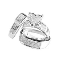 14K Plaqué or Blanc pour Lui &amp; Elle Moissanites Coeur Mariage Trio Bague Parure - $398.54